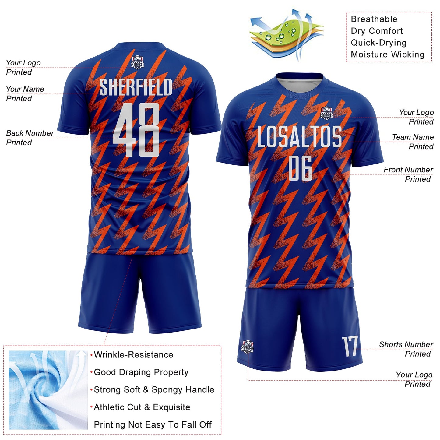 Custom Royal White-Orange Zigzag Shape Sublimation Soccer Uniform Jersey - Sky-Custom