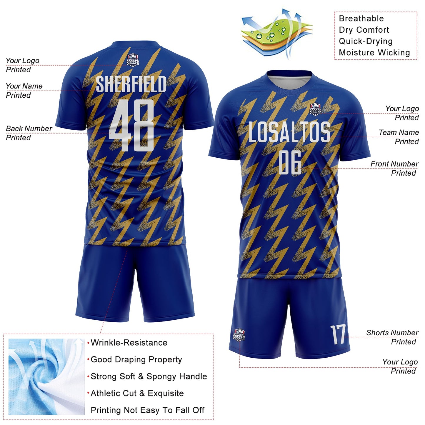 Custom Royal White-Old Gold Zigzag Shape Sublimation Soccer Uniform Jersey - Sky-Custom