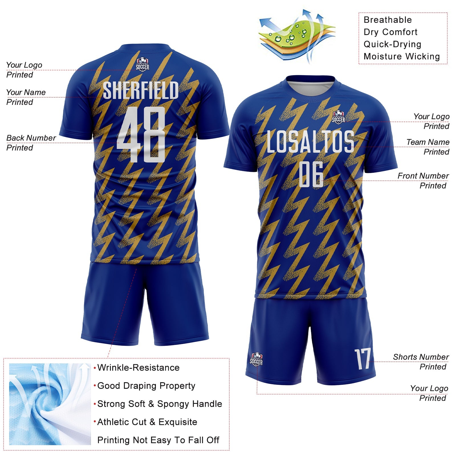 Custom Royal White-Old Gold Zigzag Shape Sublimation Soccer Uniform Jersey - Sky-Custom