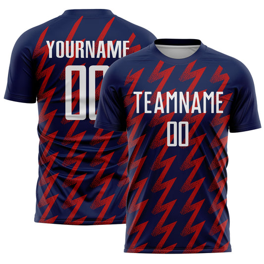 Custom Navy White-Red Zigzag Shape Sublimation Soccer Uniform Jersey - Sky-Custom