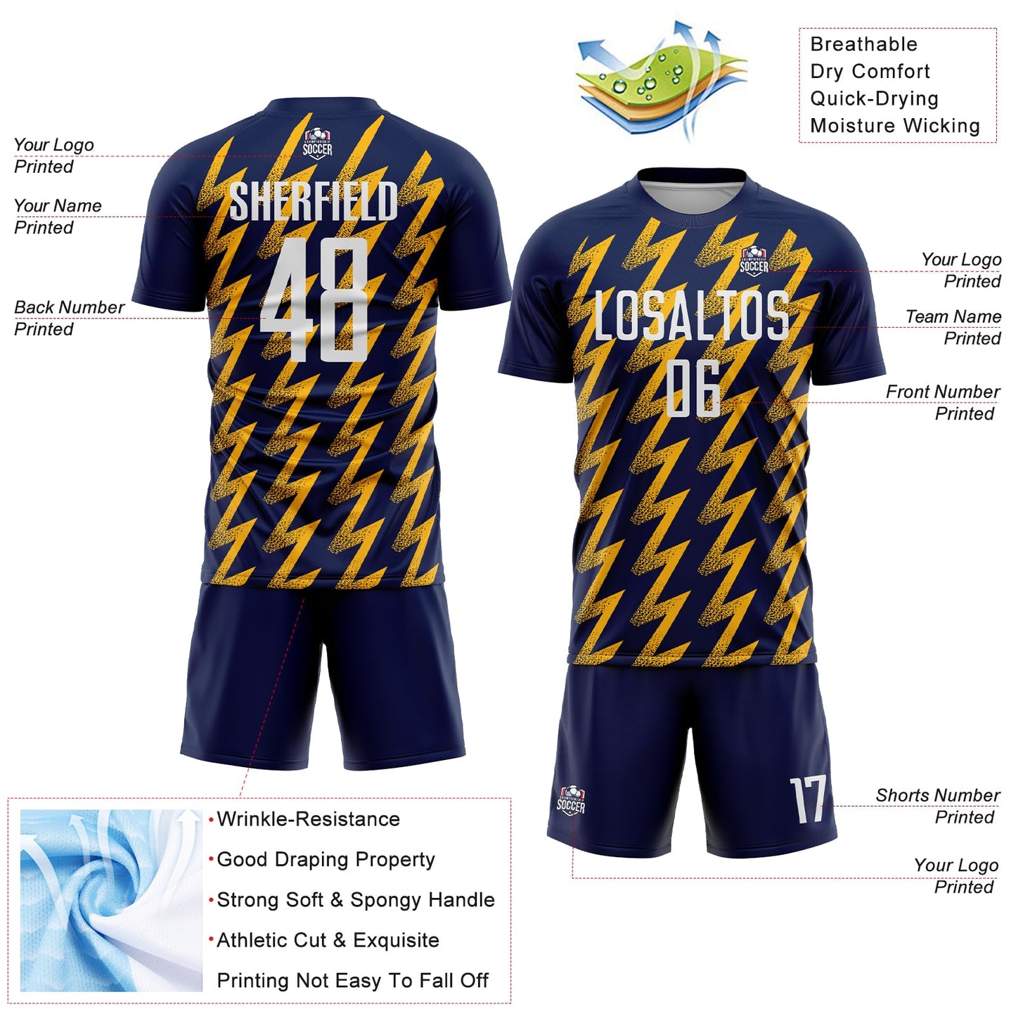Custom Navy White-Gold Zigzag Shape Sublimation Soccer Uniform Jersey - Sky-Custom