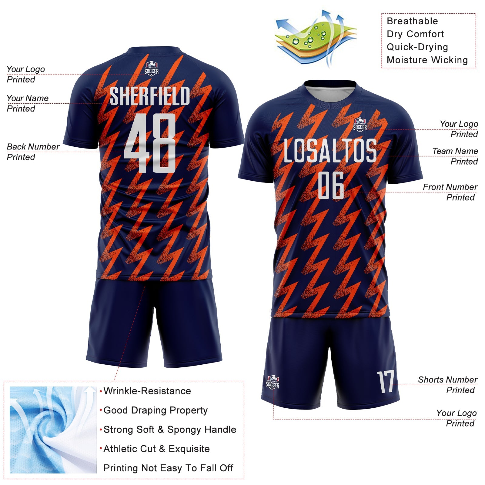 Custom Navy White-Orange Zigzag Shape Sublimation Soccer Uniform Jersey - Sky-Custom