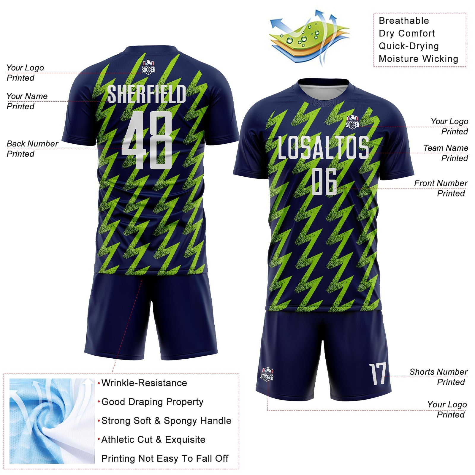 Custom Navy White-Neon Green Zigzag Shape Sublimation Soccer Uniform Jersey - Sky-Custom