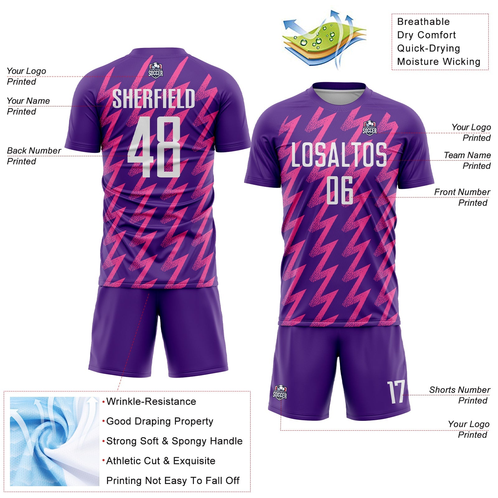 Custom Purple White-Pink Zigzag Shape Sublimation Soccer Uniform Jersey - Sky-Custom