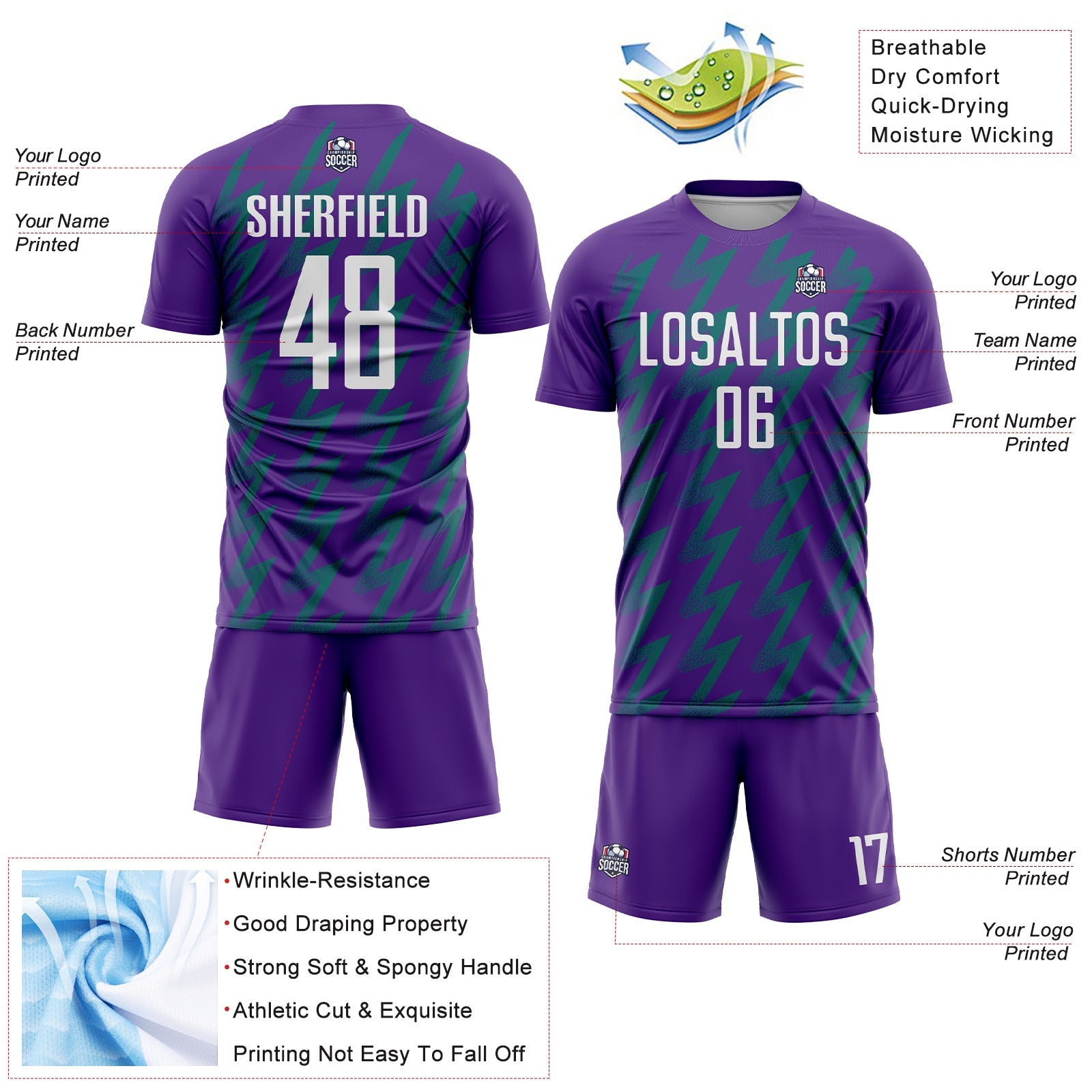 Custom Purple White-Teal Zigzag Shape Sublimation Soccer Uniform Jersey - Sky-Custom