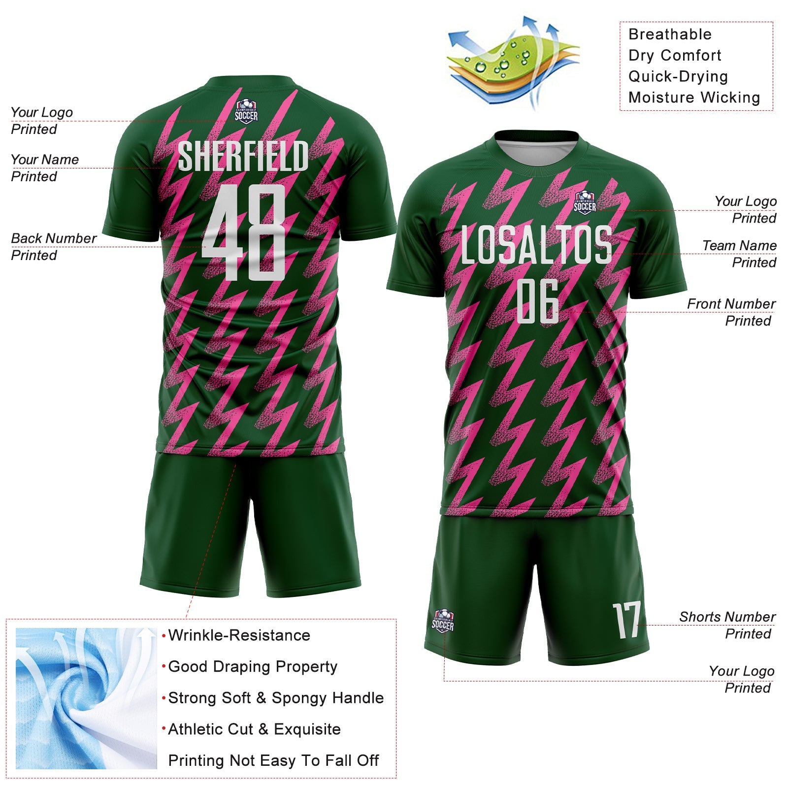 Custom Green White-Pink Zigzag Shape Sublimation Soccer Uniform Jersey - Sky-Custom