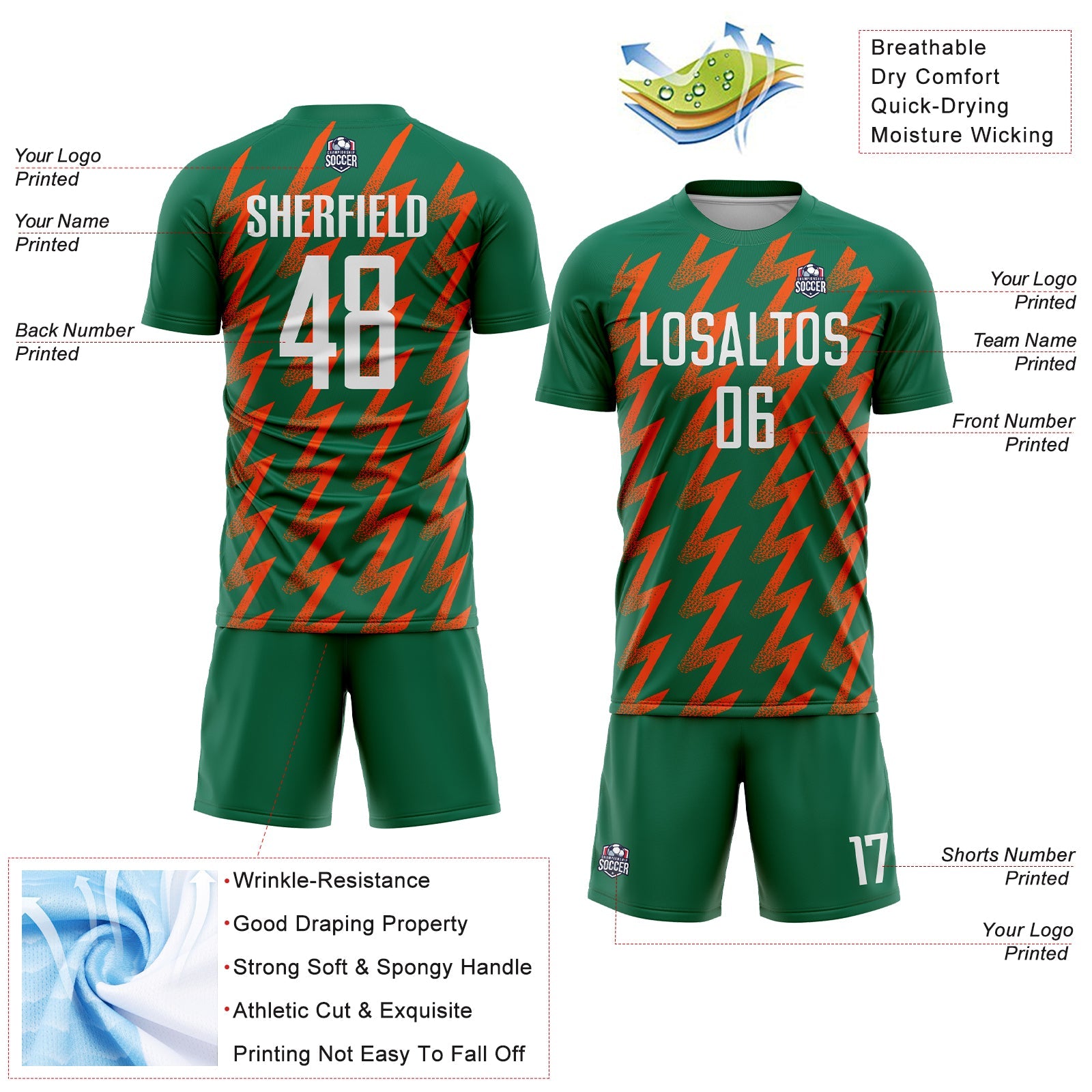 Custom Kelly Green White-Orange Zigzag Shape Sublimation Soccer Uniform Jersey - Sky-Custom
