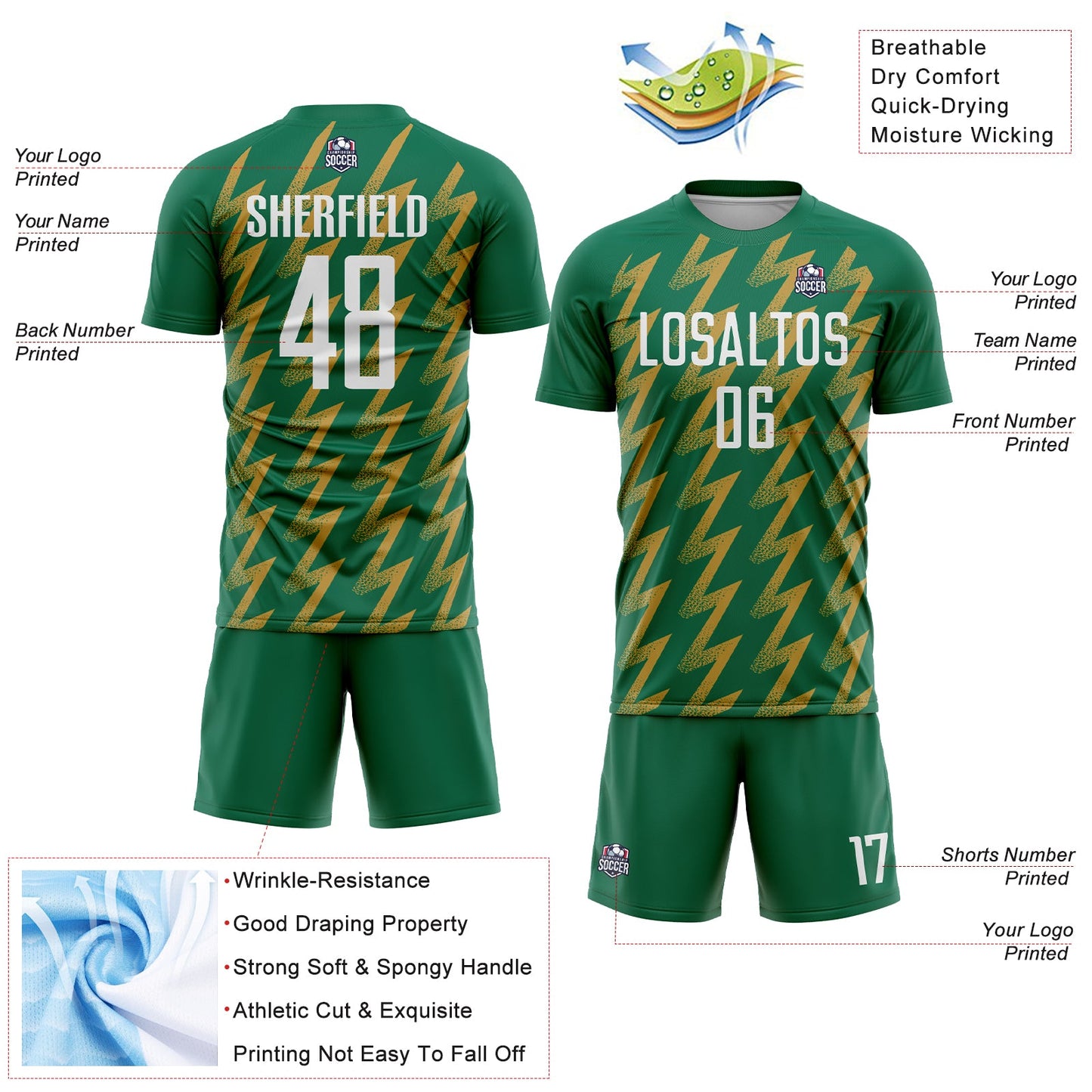 Custom Kelly Green White-Old Gold Zigzag Shape Sublimation Soccer Uniform Jersey - Sky-Custom
