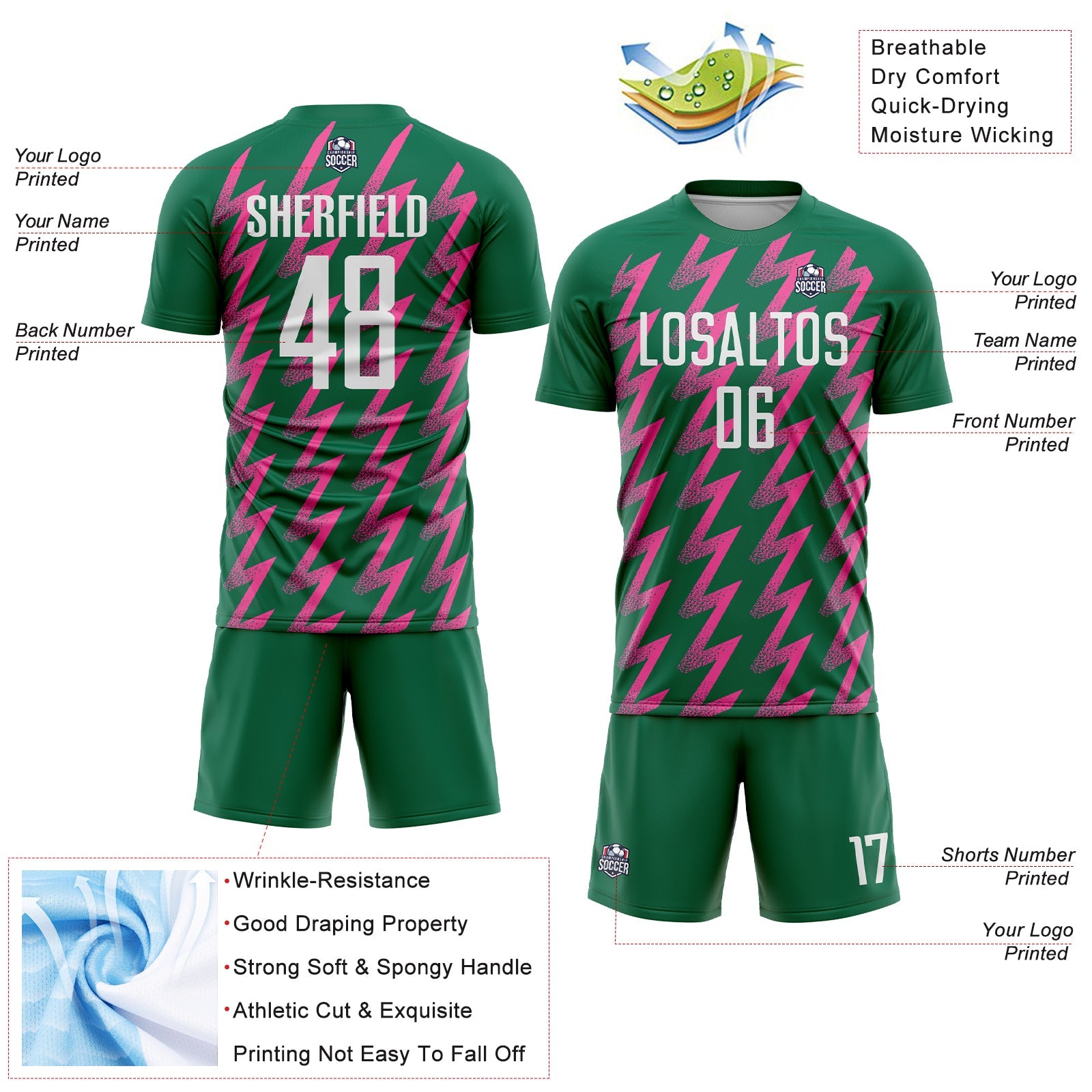 Custom Kelly Green White-Pink Zigzag Shape Sublimation Soccer Uniform Jersey - Sky-Custom