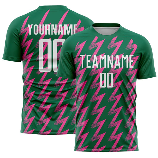 Custom Kelly Green White-Pink Zigzag Shape Sublimation Soccer Uniform Jersey - Sky-Custom