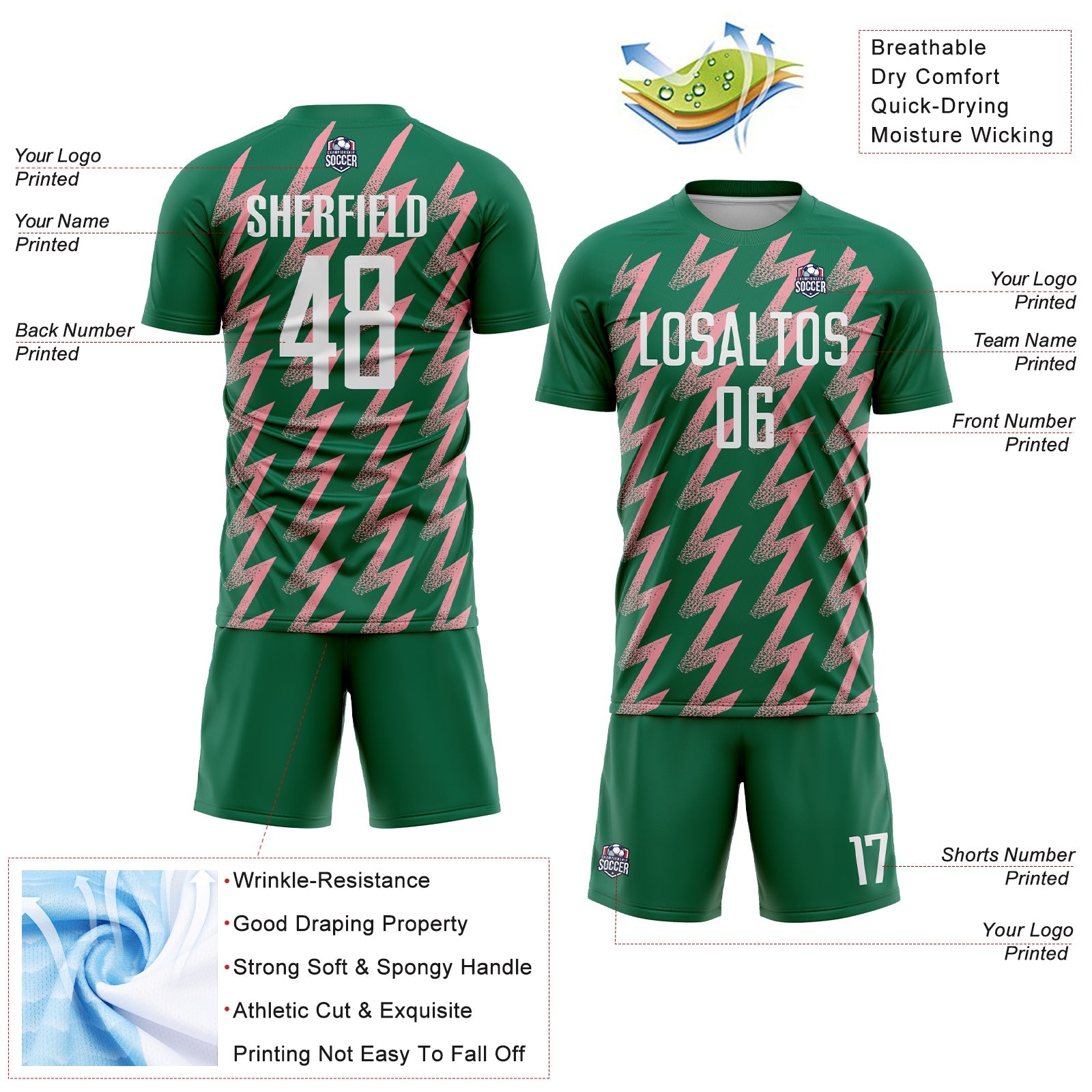 Custom Kelly Green White-Medium Pink Zigzag Shape Sublimation Soccer Uniform Jersey - Sky-Custom