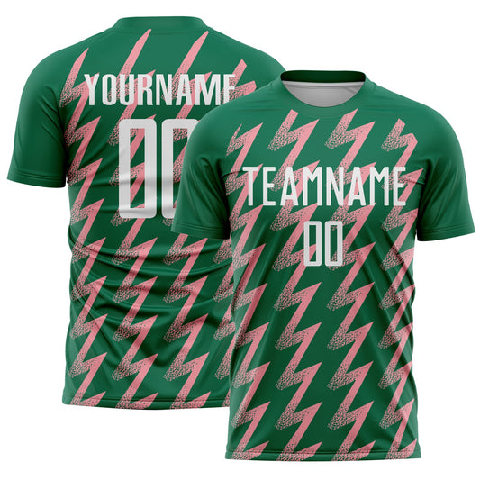Custom Kelly Green White-Medium Pink Zigzag Shape Sublimation Soccer Uniform Jersey - Sky-Custom