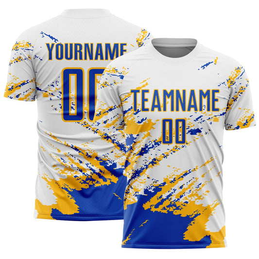 Custom White Thunder Blue-Gold Abstract Fragment Art Splash Sublimation Soccer Uniform Jersey - Sky-Custom