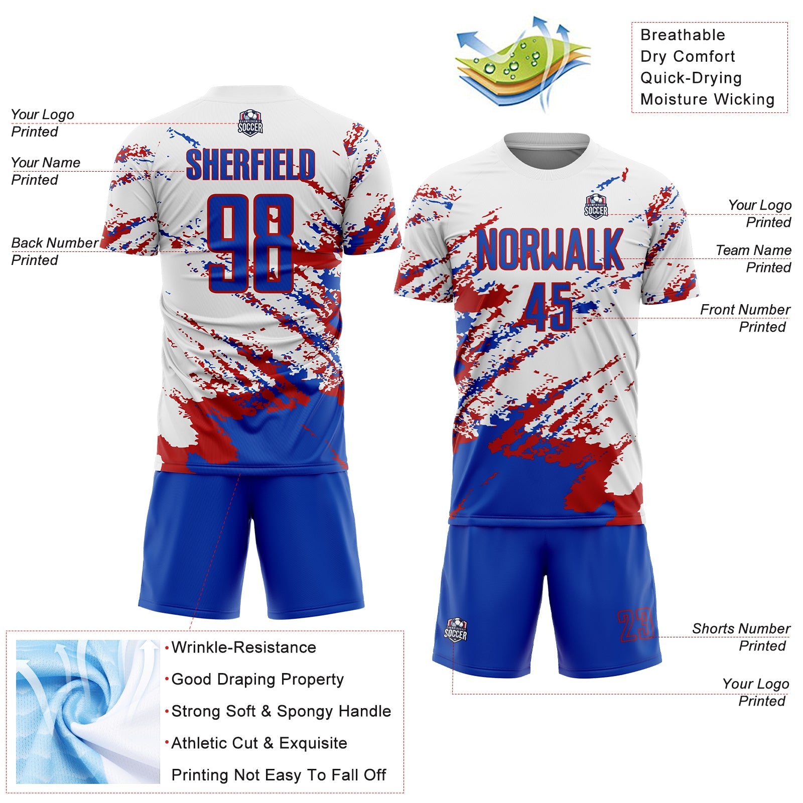 Custom White Thunder Blue-Red Abstract Fragment Art Splash Sublimation Soccer Uniform Jersey - Sky-Custom