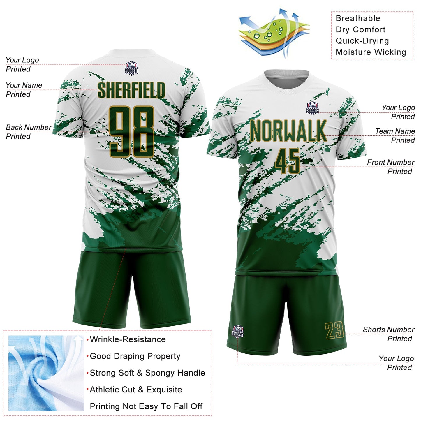 Custom White Green Kelly Green-Gold Abstract Fragment Art Splash Sublimation Soccer Uniform Jersey - Sky-Custom
