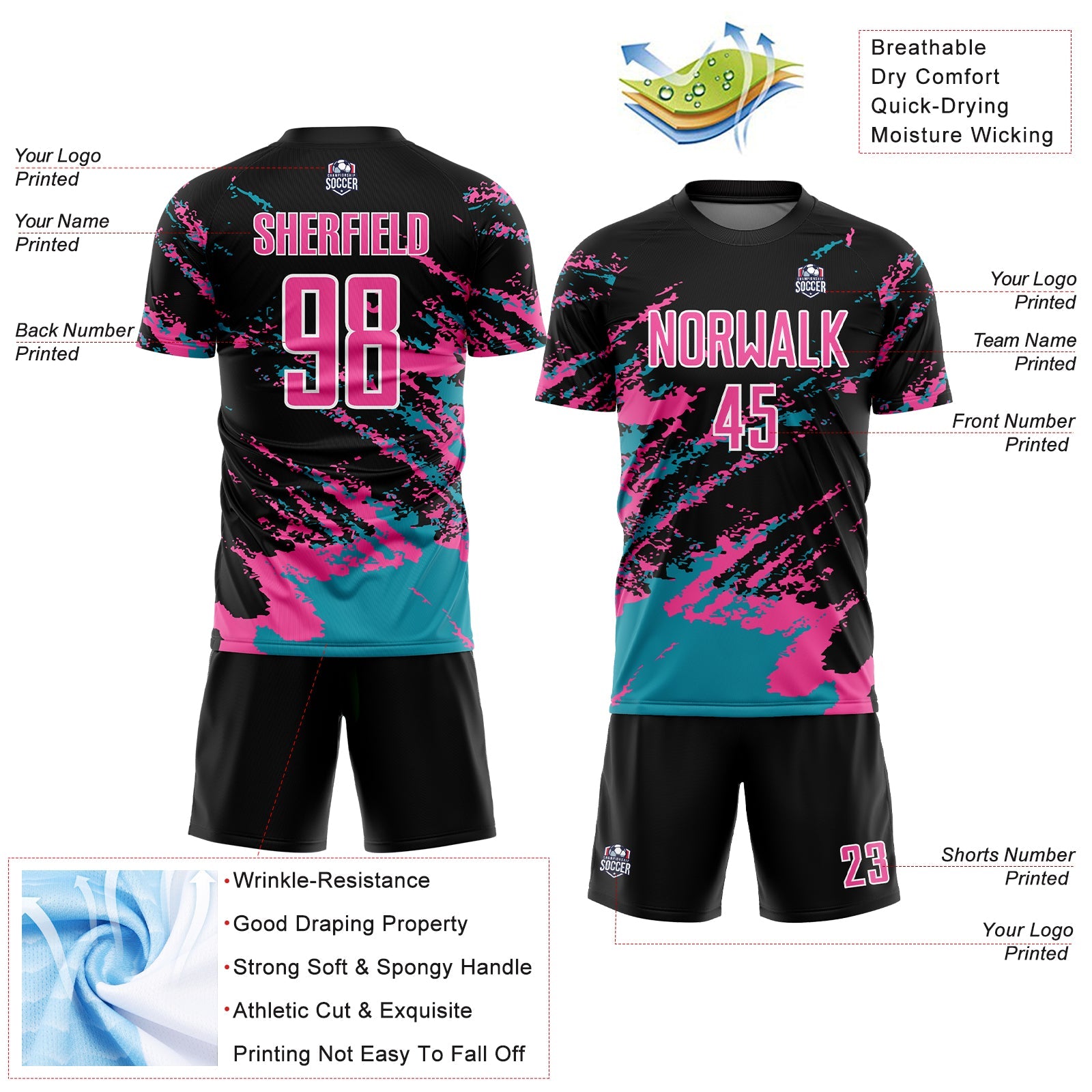 Custom Black Pink-Teal Abstract Fragment Art Splash Sublimation Soccer Uniform Jersey - Sky-Custom