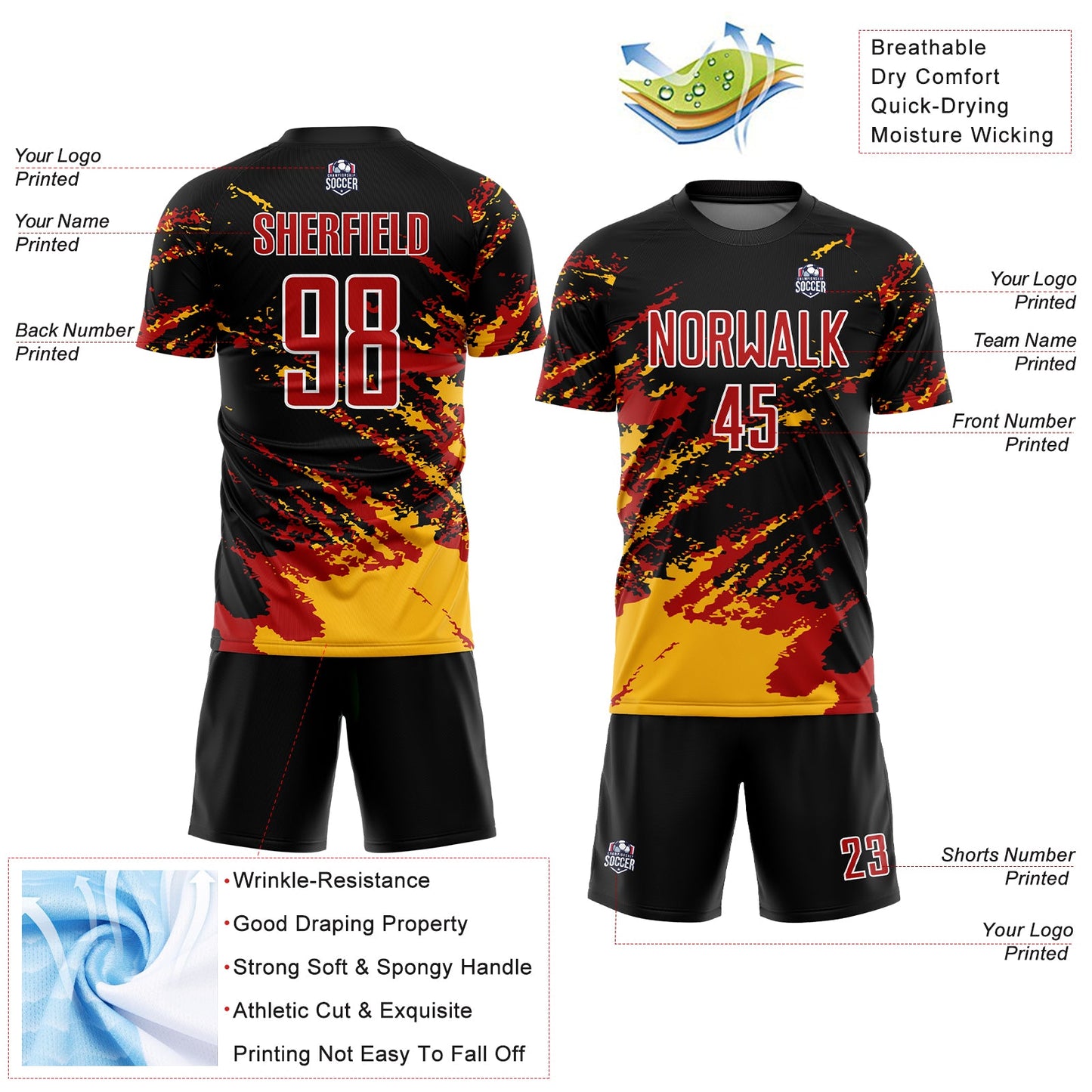Custom Black Red-Gold Abstract Fragment Art Splash Sublimation Soccer Uniform Jersey - Sky-Custom