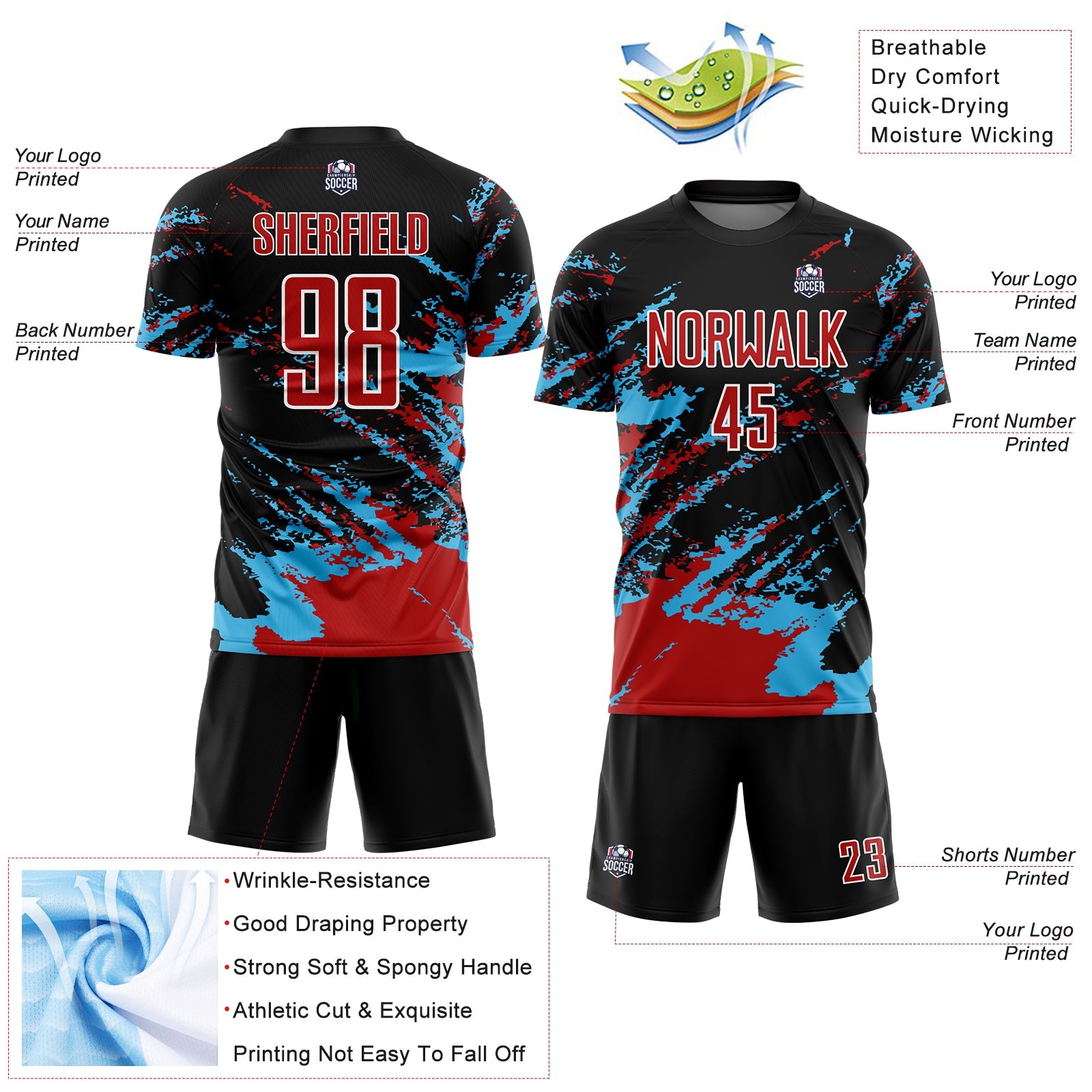 Custom Black Red-Sky Blue Abstract Fragment Art Splash Sublimation Soccer Uniform Jersey - Sky-Custom