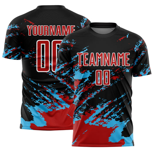 Custom Black Red-Sky Blue Abstract Fragment Art Splash Sublimation Soccer Uniform Jersey - Sky-Custom