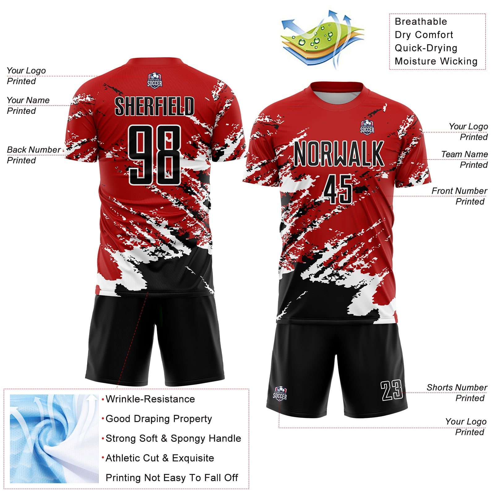 Custom Red Black-White Abstract Fragment Art Splash Sublimation Soccer Uniform Jersey - Sky-Custom