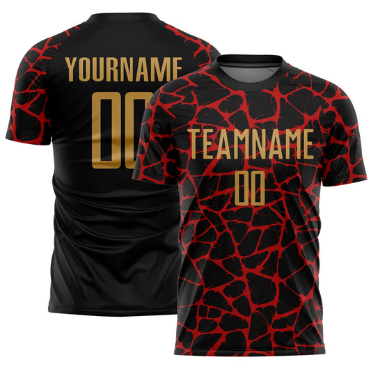 Custom Black Old Gold-Red Abstract Network Splash Sublimation Soccer Uniform Jersey - Sky-Custom