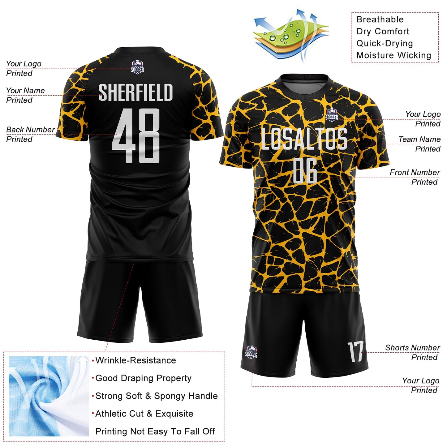 Custom Black White-Gold Abstract Network Splash Sublimation Soccer Uniform Jersey - Sky-Custom