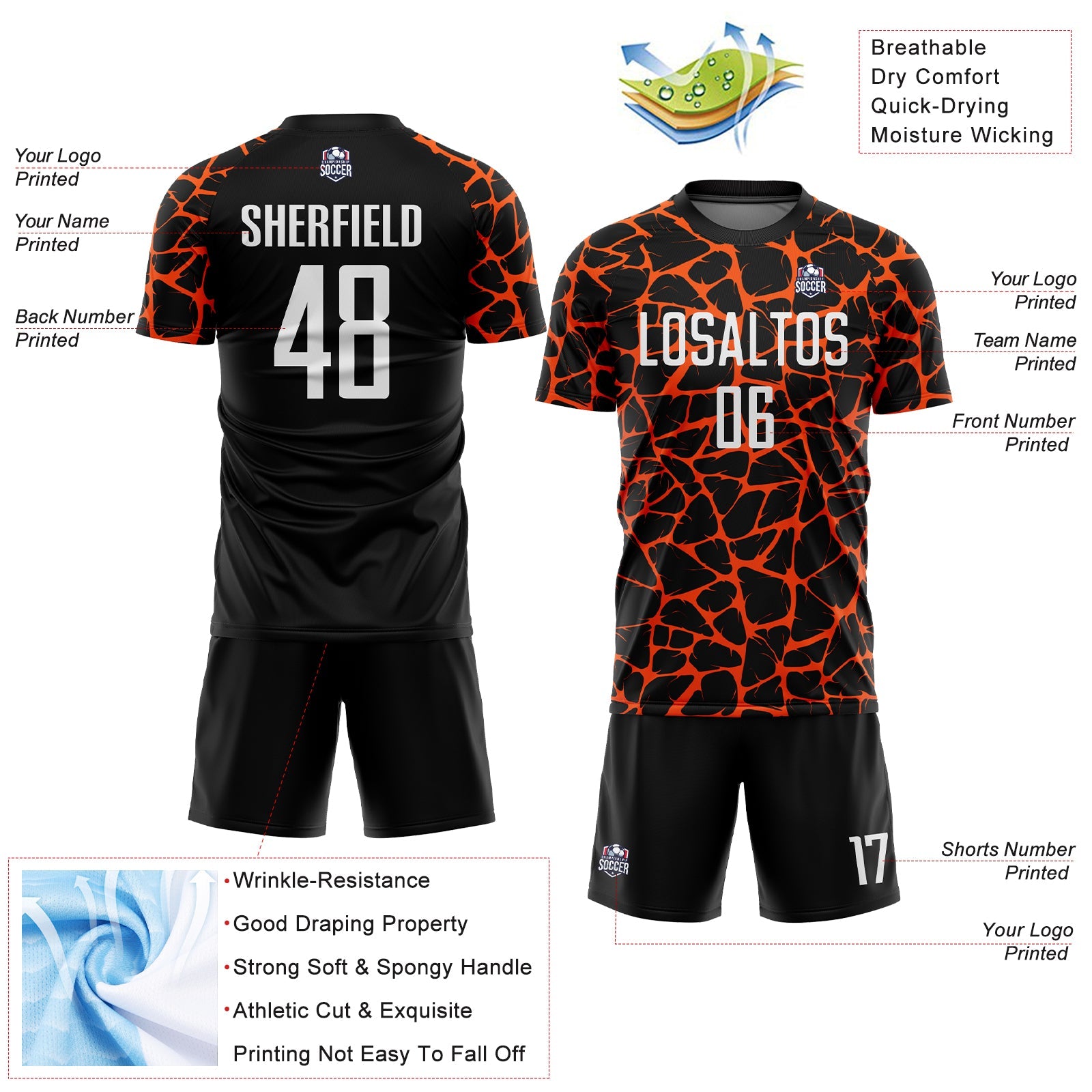 Custom Black White-Orange Abstract Network Splash Sublimation Soccer Uniform Jersey - Sky-Custom