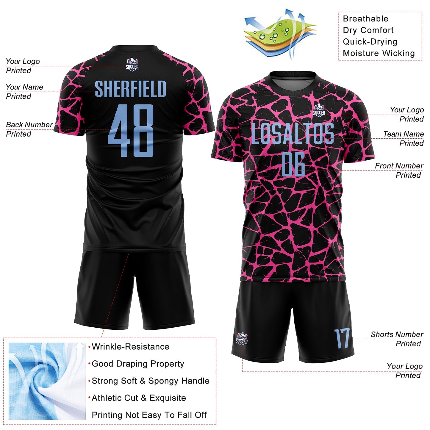 Custom Black Light Blue-Pink Abstract Network Splash Sublimation Soccer Uniform Jersey - Sky-Custom