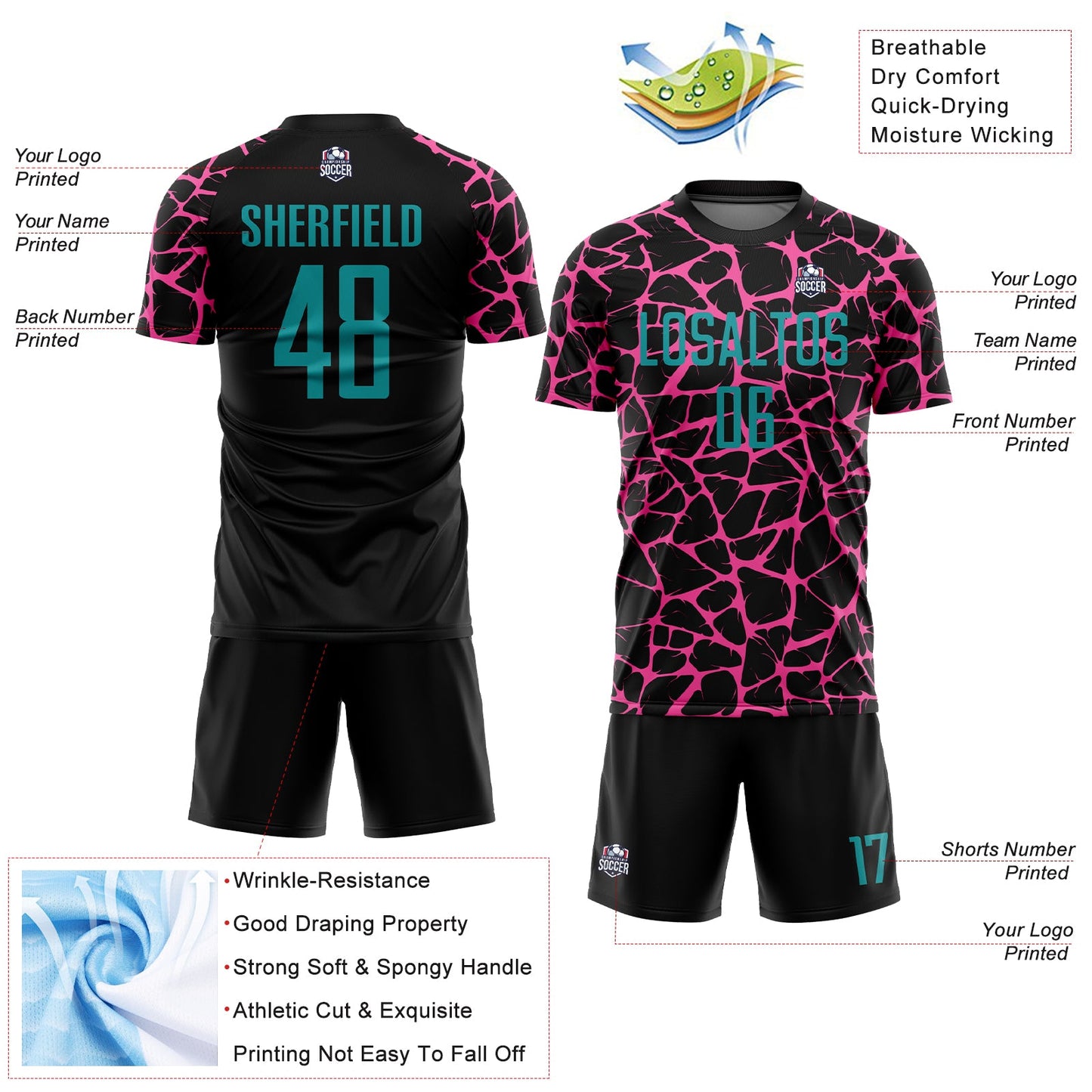 Custom Black Teal-Pink Abstract Network Splash Sublimation Soccer Uniform Jersey - Sky-Custom