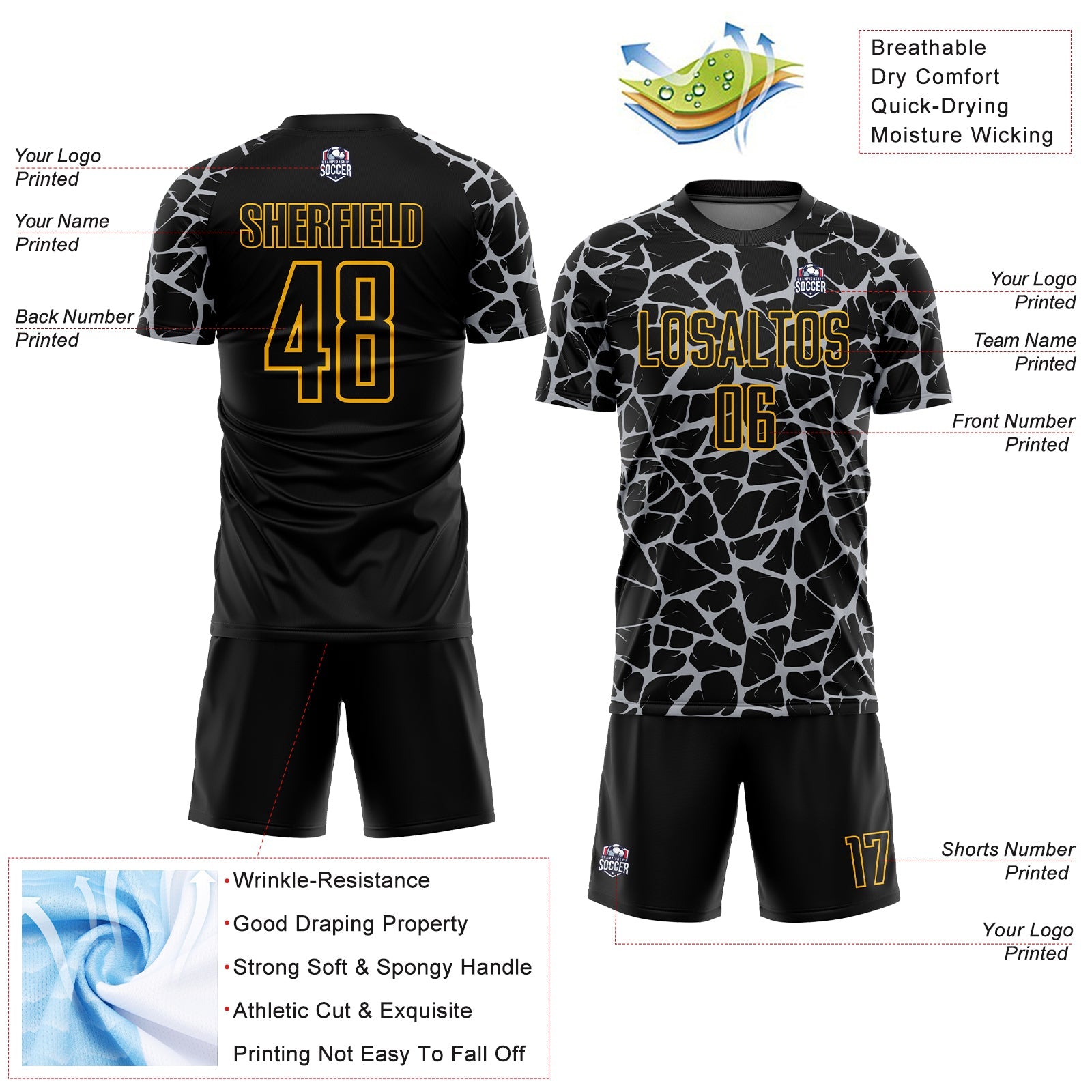 Custom Black Gray-Gold Abstract Network Splash Sublimation Soccer Uniform Jersey - Sky-Custom