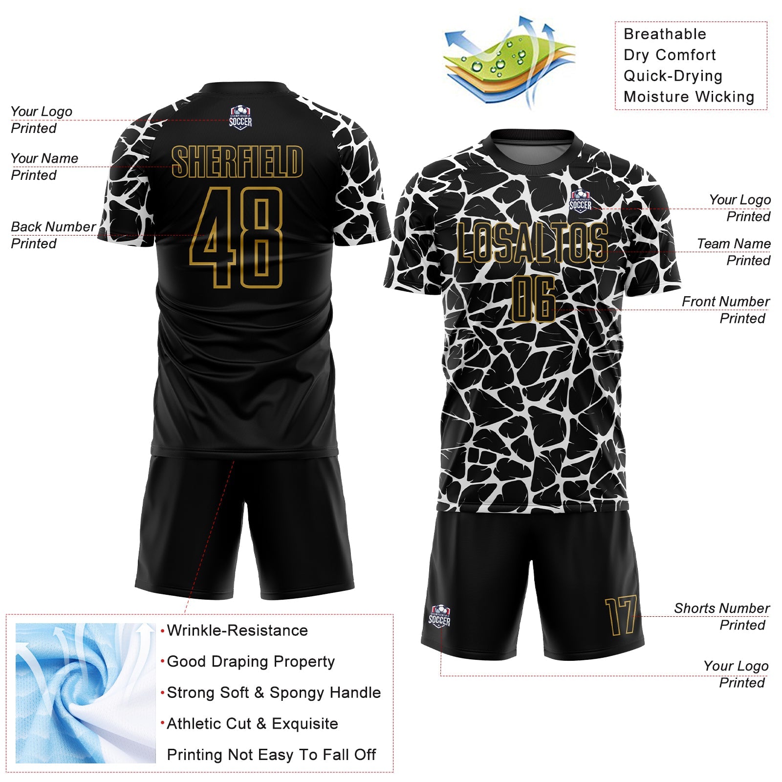 Custom Black White-Old Gold Abstract Network Splash Sublimation Soccer Uniform Jersey - Sky-Custom