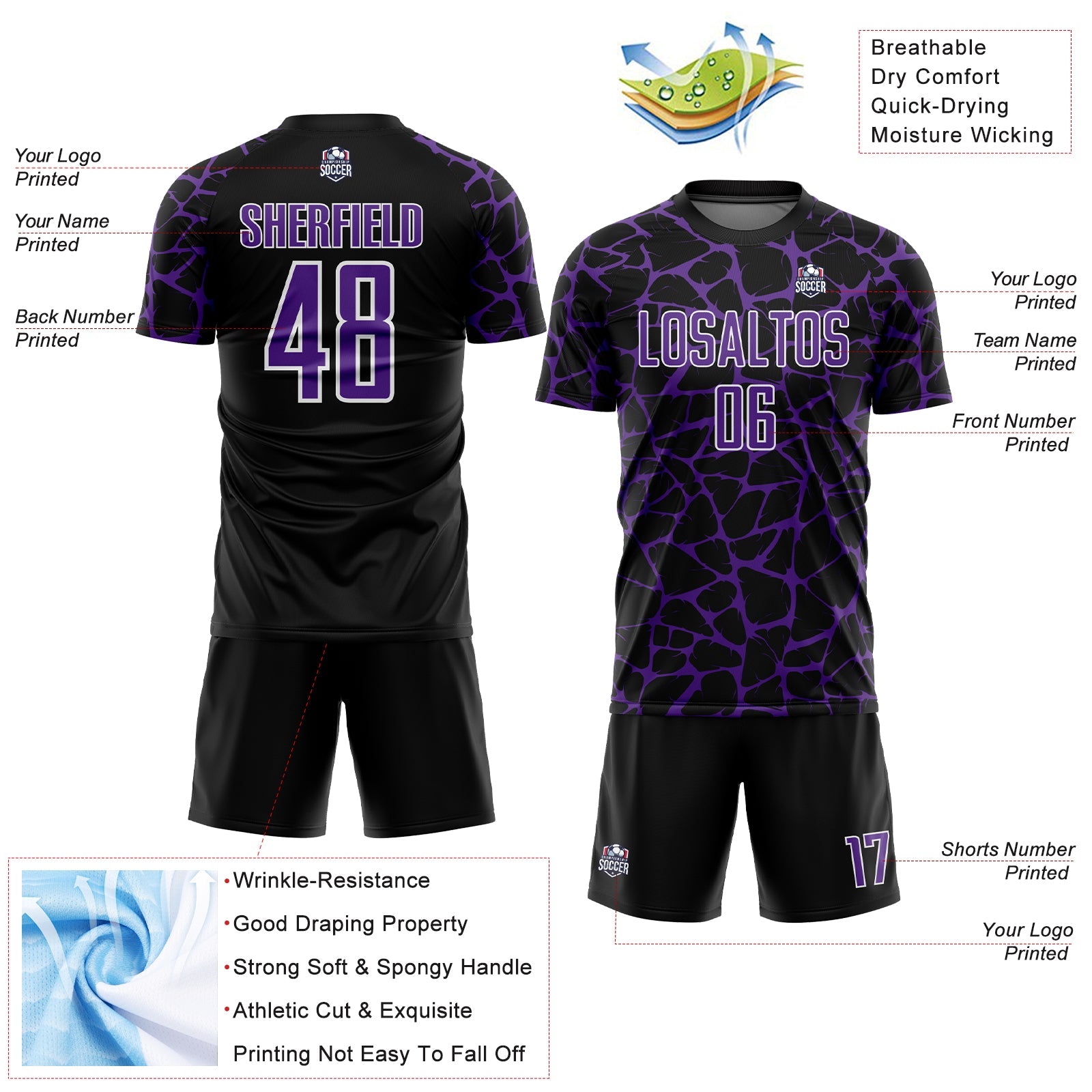 Custom Black Purple-White Abstract Network Splash Sublimation Soccer Uniform Jersey - Sky-Custom