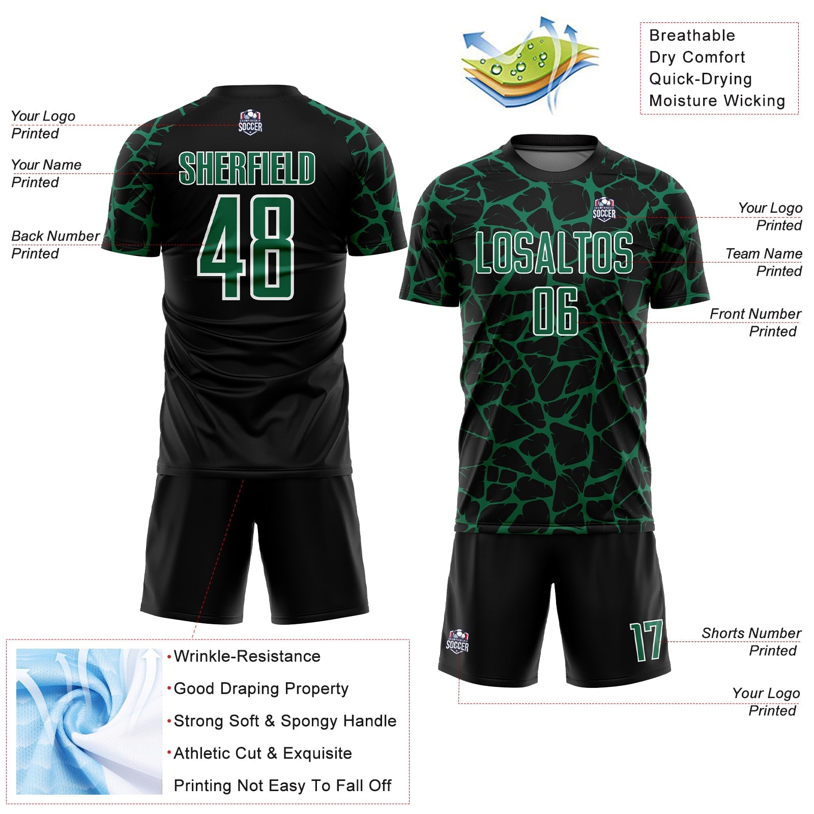 Custom Black Kelly Green-White Abstract Network Splash Sublimation Soccer Uniform Jersey - Sky-Custom