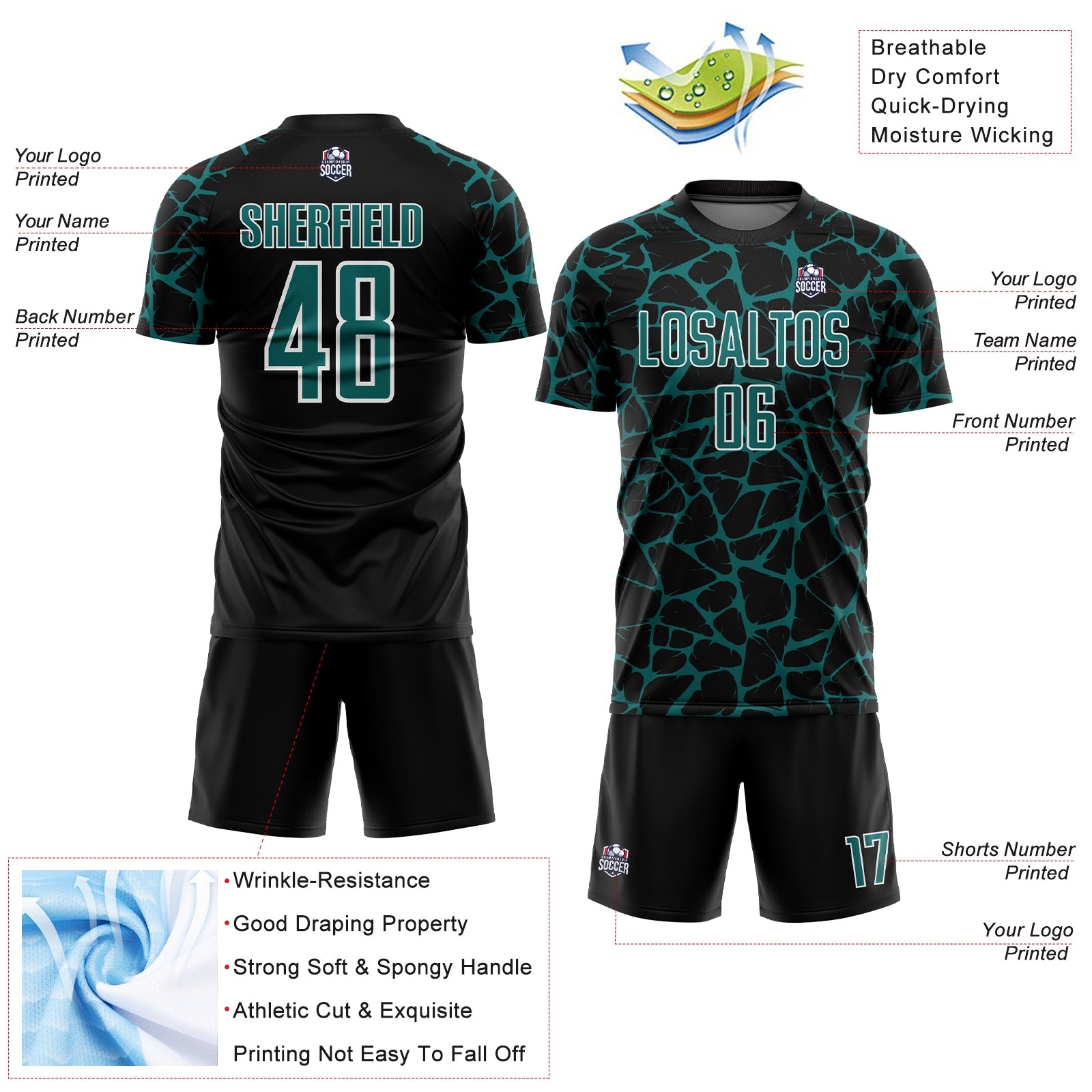 Custom Black Teal-White Abstract Network Splash Sublimation Soccer Uniform Jersey - Sky-Custom