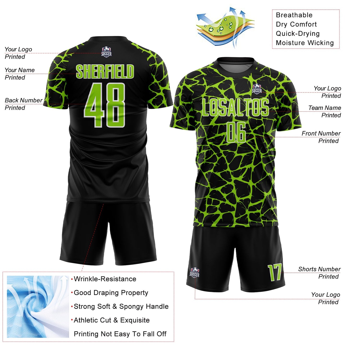 Custom Black Neon Green-White Abstract Network Splash Sublimation Soccer Uniform Jersey - Sky-Custom