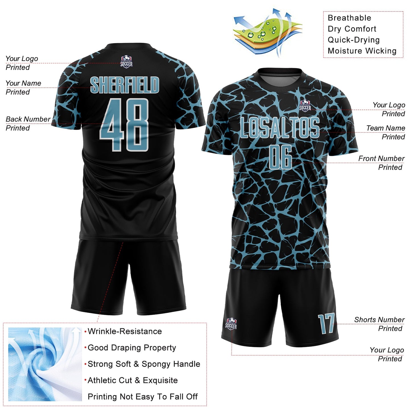 Custom Black Shadow Blue-White Abstract Network Splash Sublimation Soccer Uniform Jersey - Sky-Custom