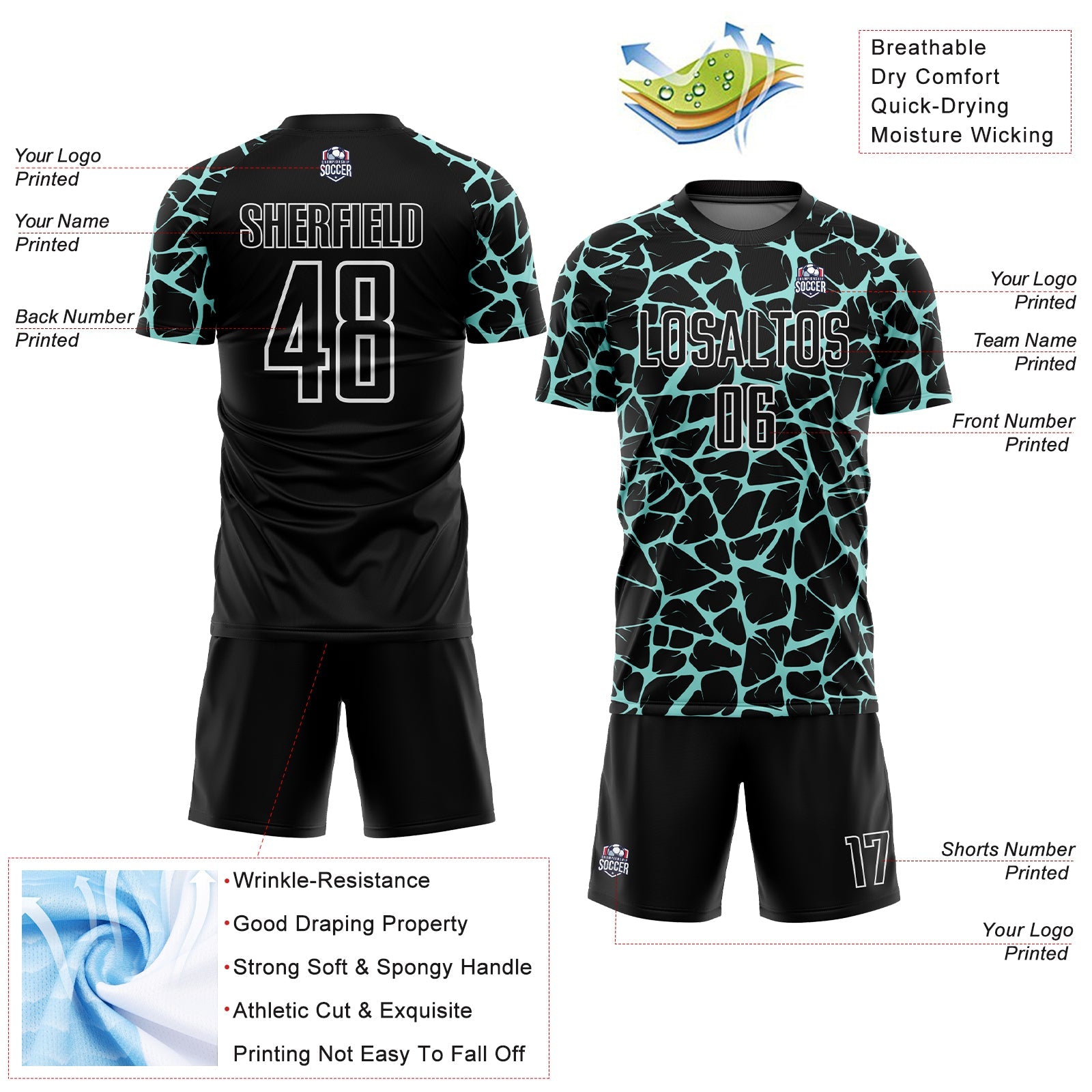 Custom Black Ice Blue-White Abstract Network Splash Sublimation Soccer Uniform Jersey - Sky-Custom
