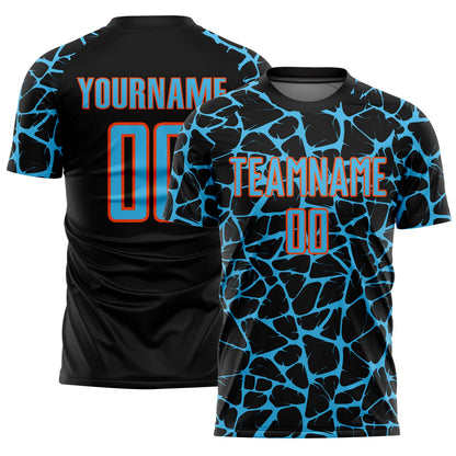 Custom Black Sky Blue-Orange Abstract Network Splash Sublimation Soccer Uniform Jersey - Sky-Custom