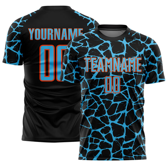 Custom Black Sky Blue-Orange Abstract Network Splash Sublimation Soccer Uniform Jersey - Sky-Custom