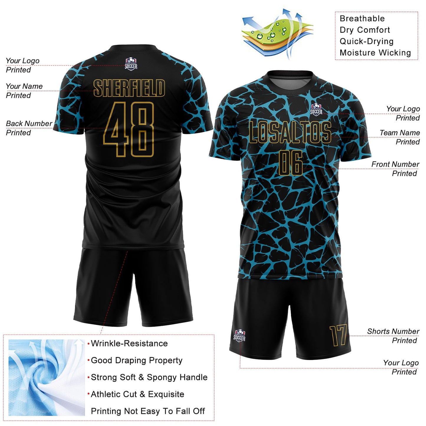 Custom Black Panther Blue-Old Gold Abstract Network Splash Sublimation Soccer Uniform Jersey - Sky-Custom