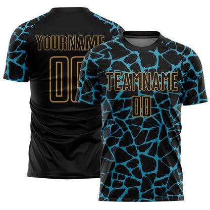 Custom Black Panther Blue-Old Gold Abstract Network Splash Sublimation Soccer Uniform Jersey - Sky-Custom