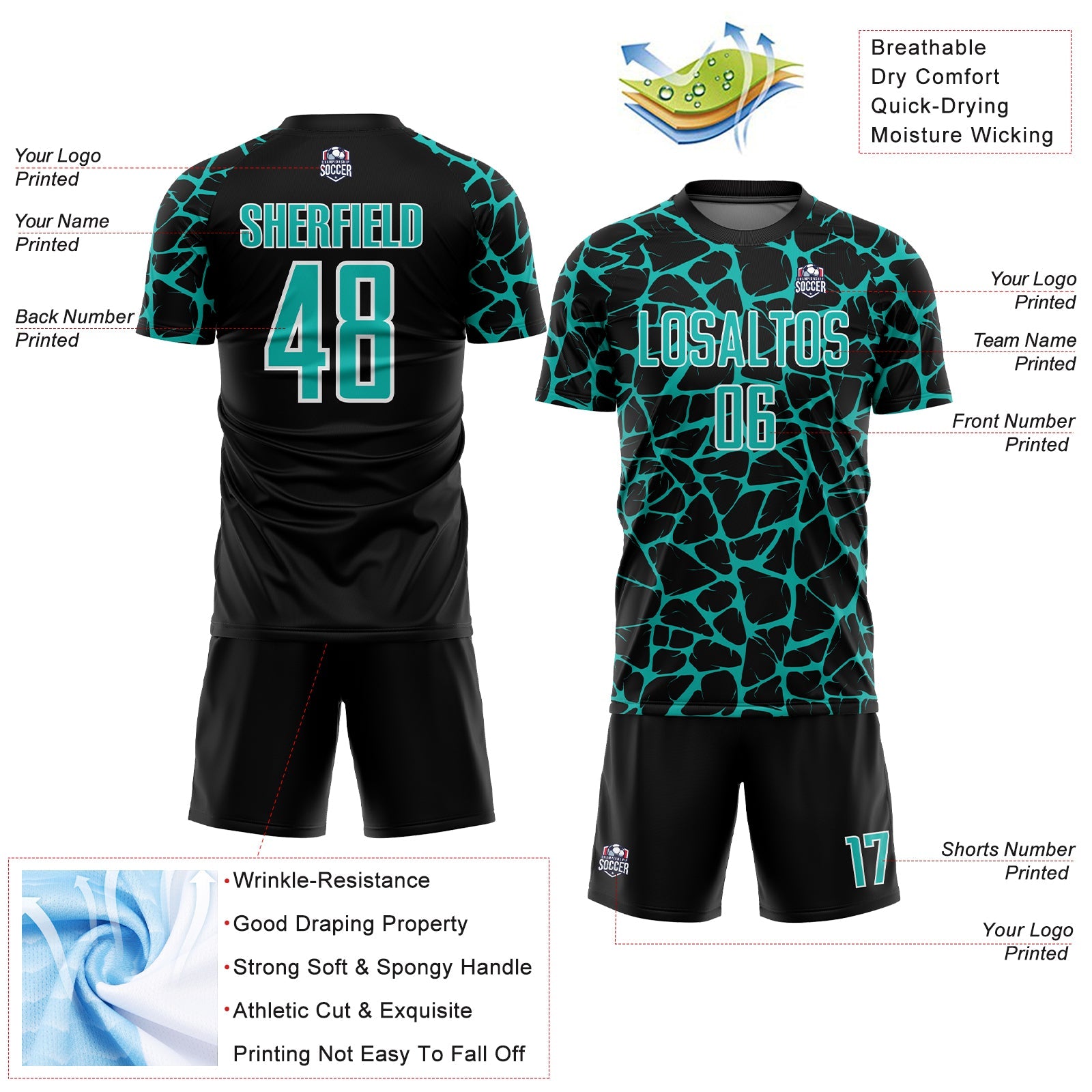 Custom Black Aqua-White Abstract Network Splash Sublimation Soccer Uniform Jersey - Sky-Custom