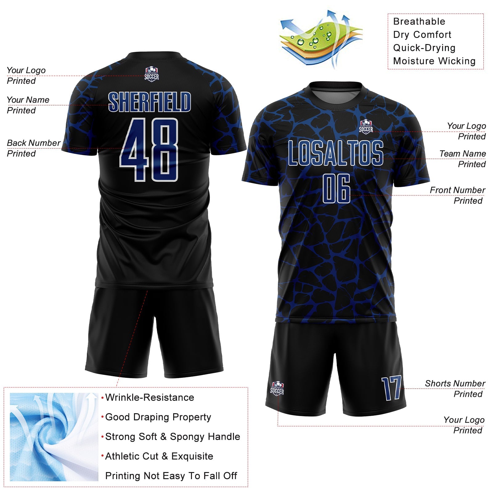 Custom Black US Navy Blue-White Abstract Network Splash Sublimation Soccer Uniform Jersey - Sky-Custom