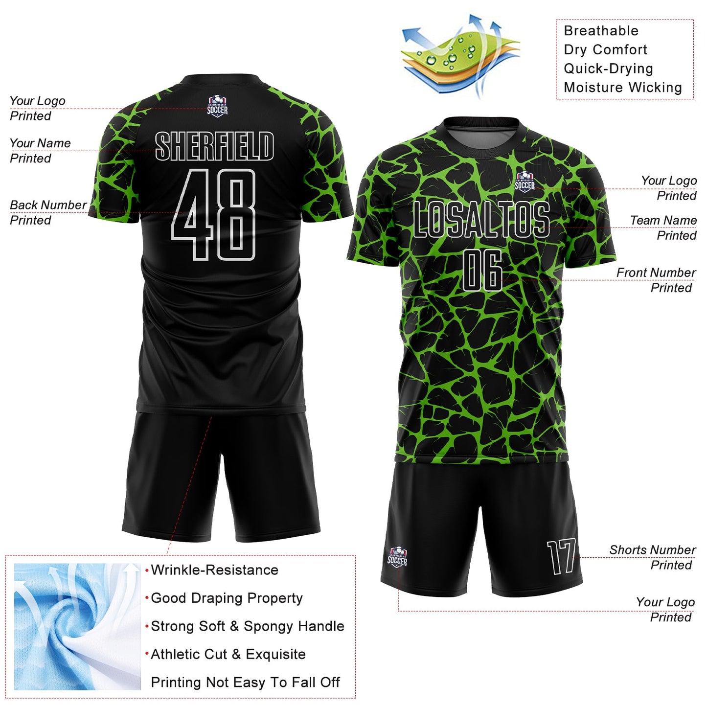 Custom Black Aurora Green-White Abstract Network Splash Sublimation Soccer Uniform Jersey - Sky-Custom