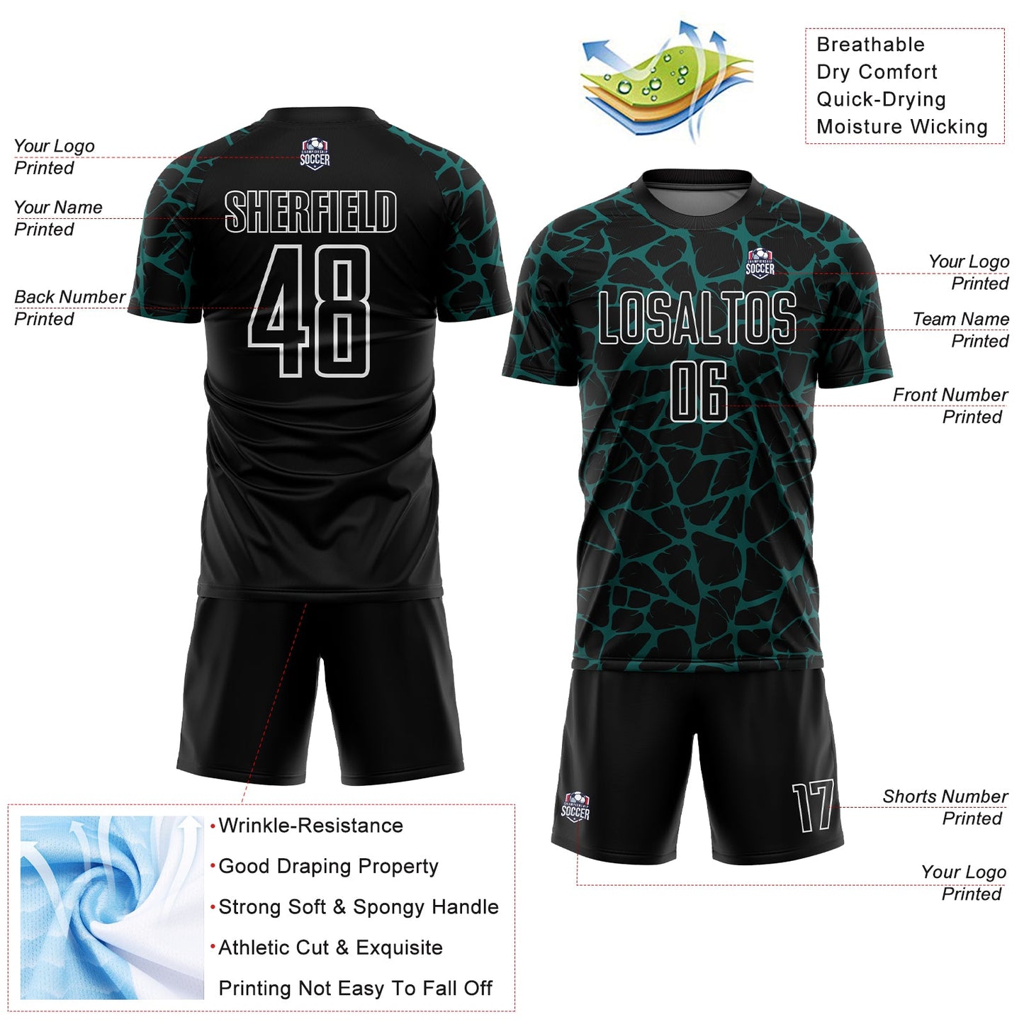 Custom Black Midnight Green-White Abstract Network Splash Sublimation Soccer Uniform Jersey - Sky-Custom