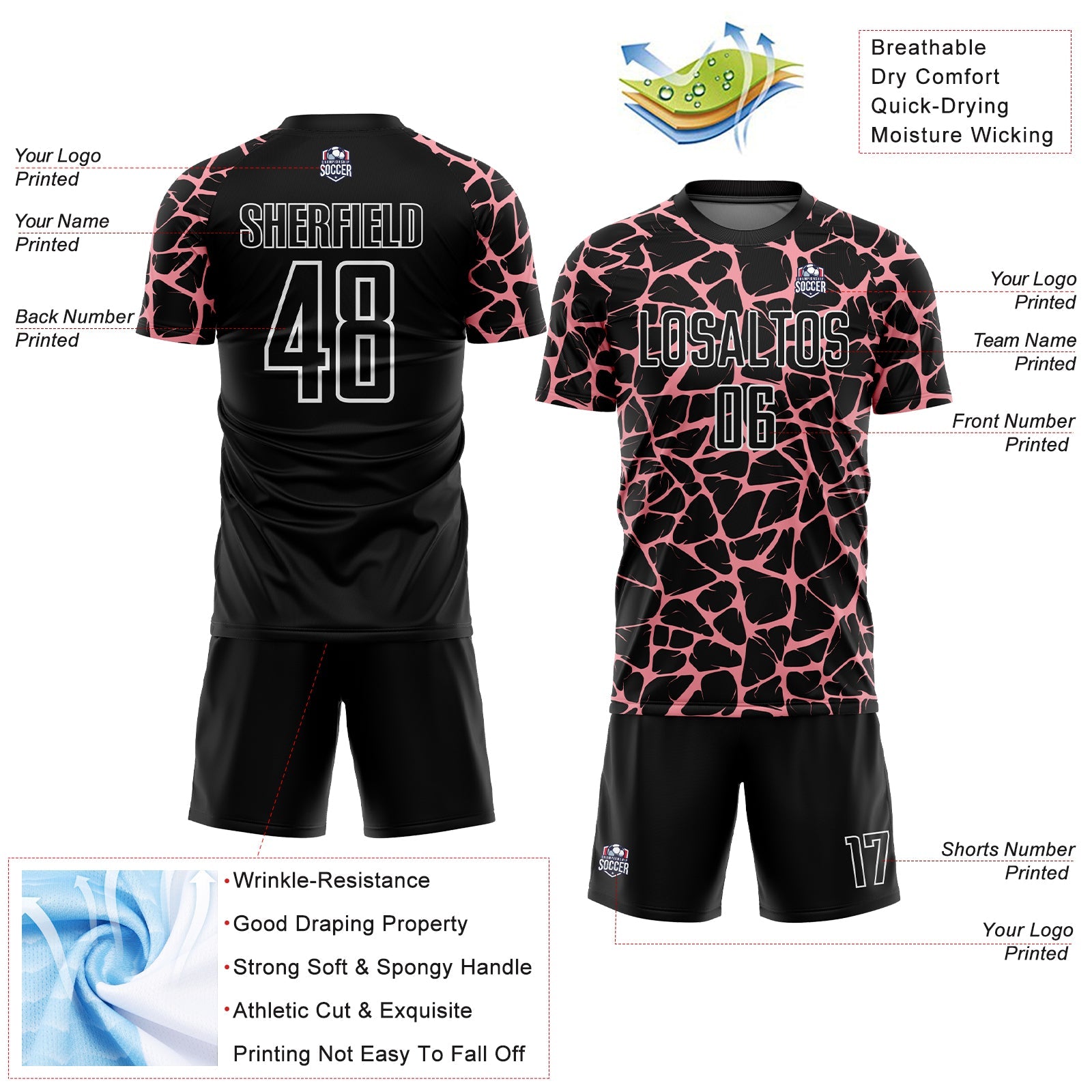 Custom Black Medium Pink-White Abstract Network Splash Sublimation Soccer Uniform Jersey - Sky-Custom