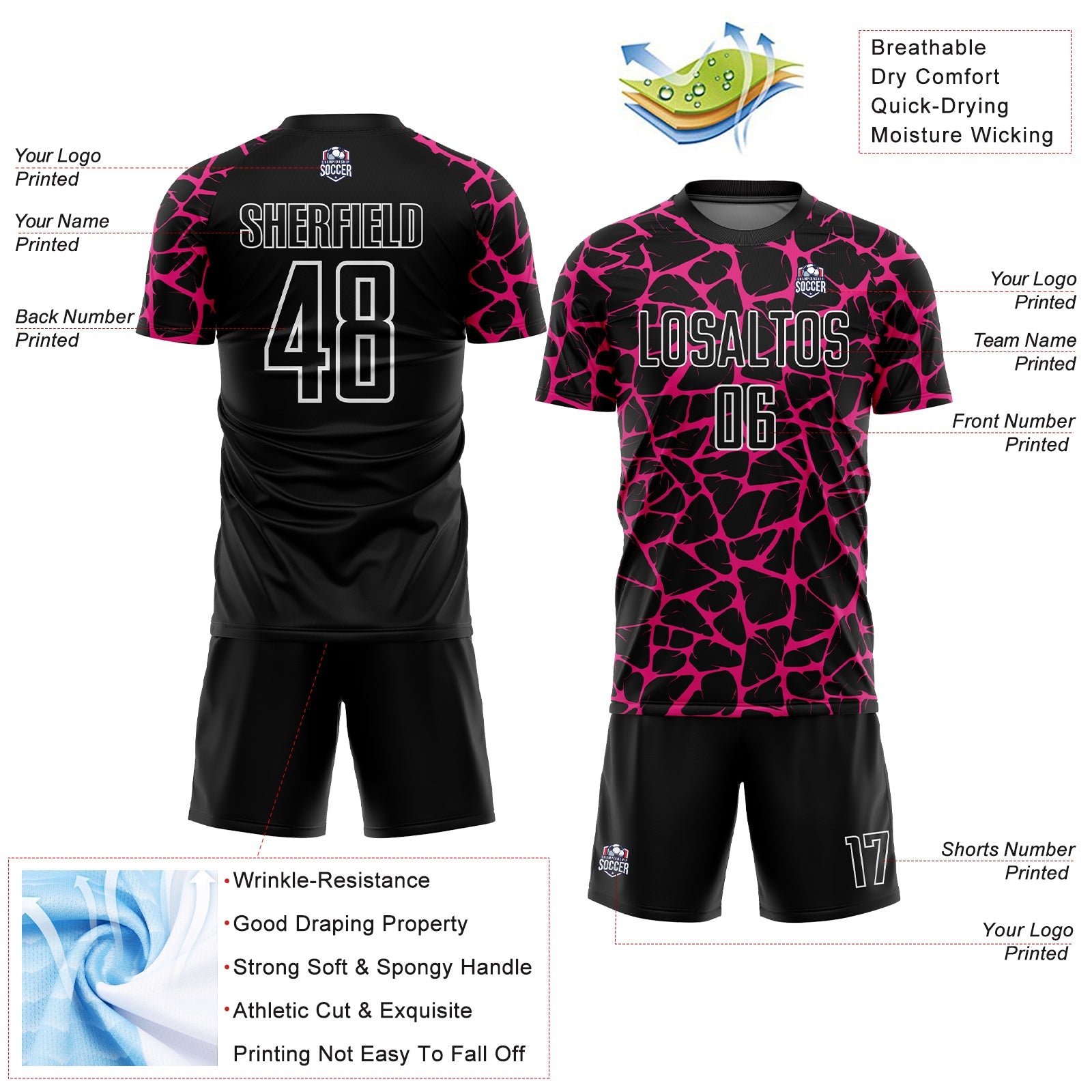 Custom Black Hot Pink-White Abstract Network Splash Sublimation Soccer Uniform Jersey - Sky-Custom