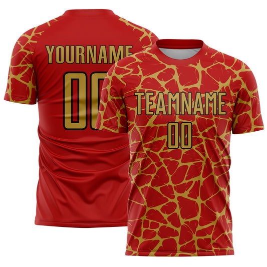 Custom Red Old Gold-Black Abstract Network Splash Sublimation Soccer Uniform Jersey - Sky-Custom