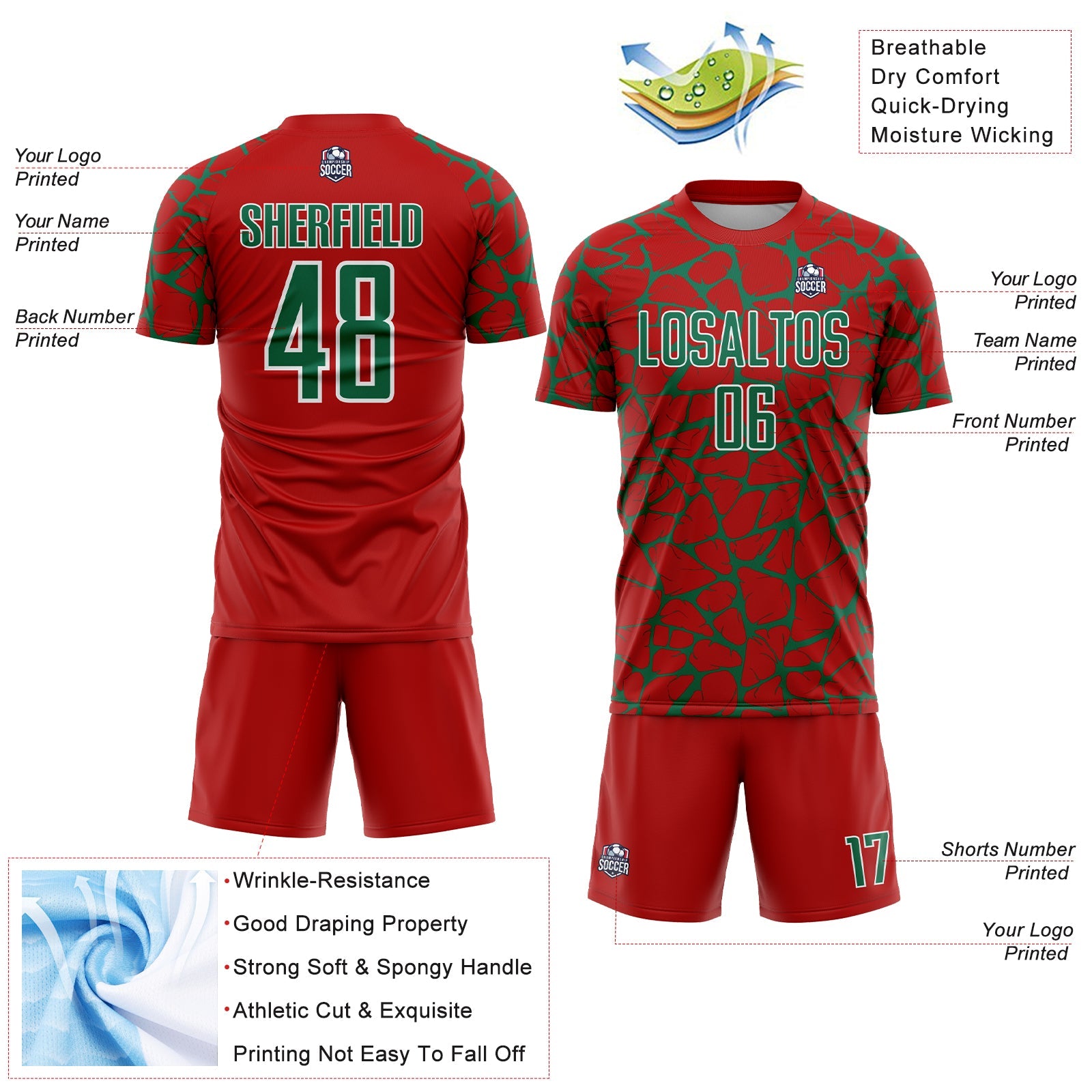 Custom Red Kelly Green-White Abstract Network Splash Sublimation Soccer Uniform Jersey - Sky-Custom