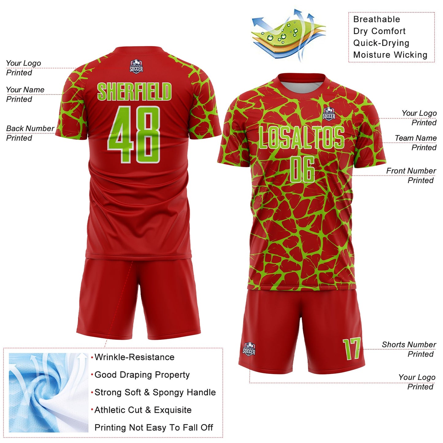 Custom Red Neon Green-White Abstract Network Splash Sublimation Soccer Uniform Jersey - Sky-Custom
